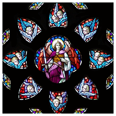 A stained glass window with an angel in the center.