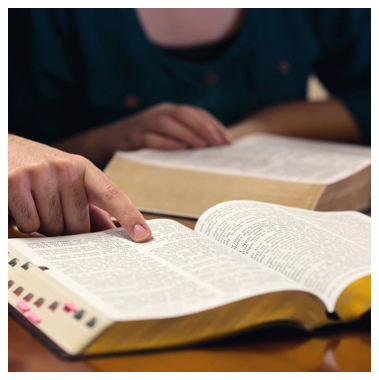 A person reading the bible at a table